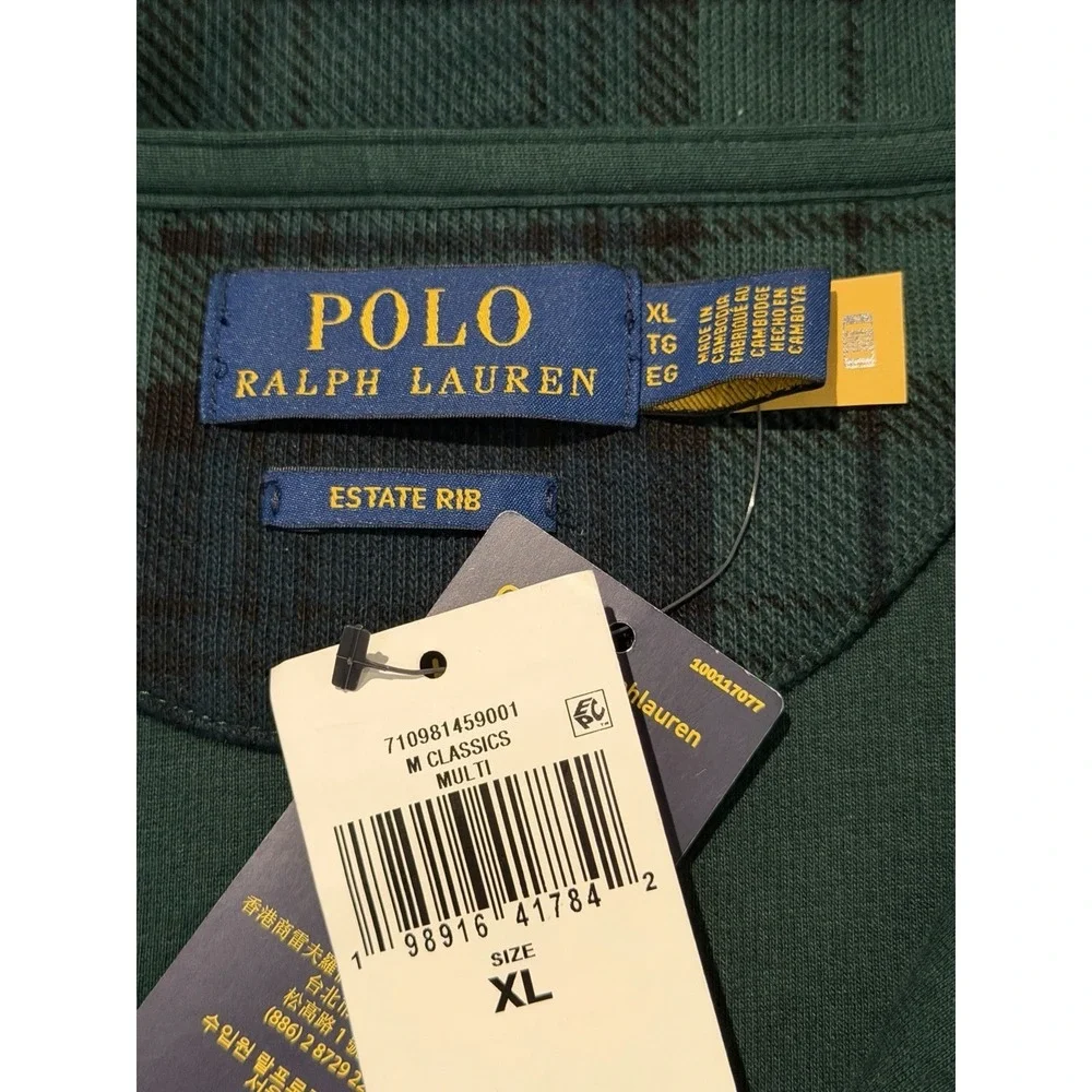 Polo Ralph Lauren Plaid Green Estate-Rib‎ Cotton Quarter-Zip Pullover Men's XXL